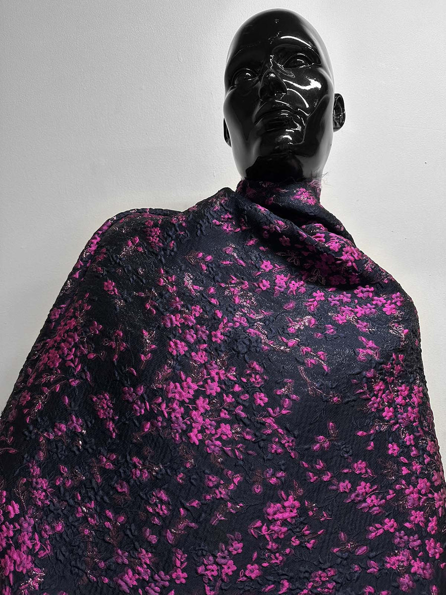 Goutarel France Floral Light Brocade Silk Magenta Navy - L'Etoffe Fabrics LLC