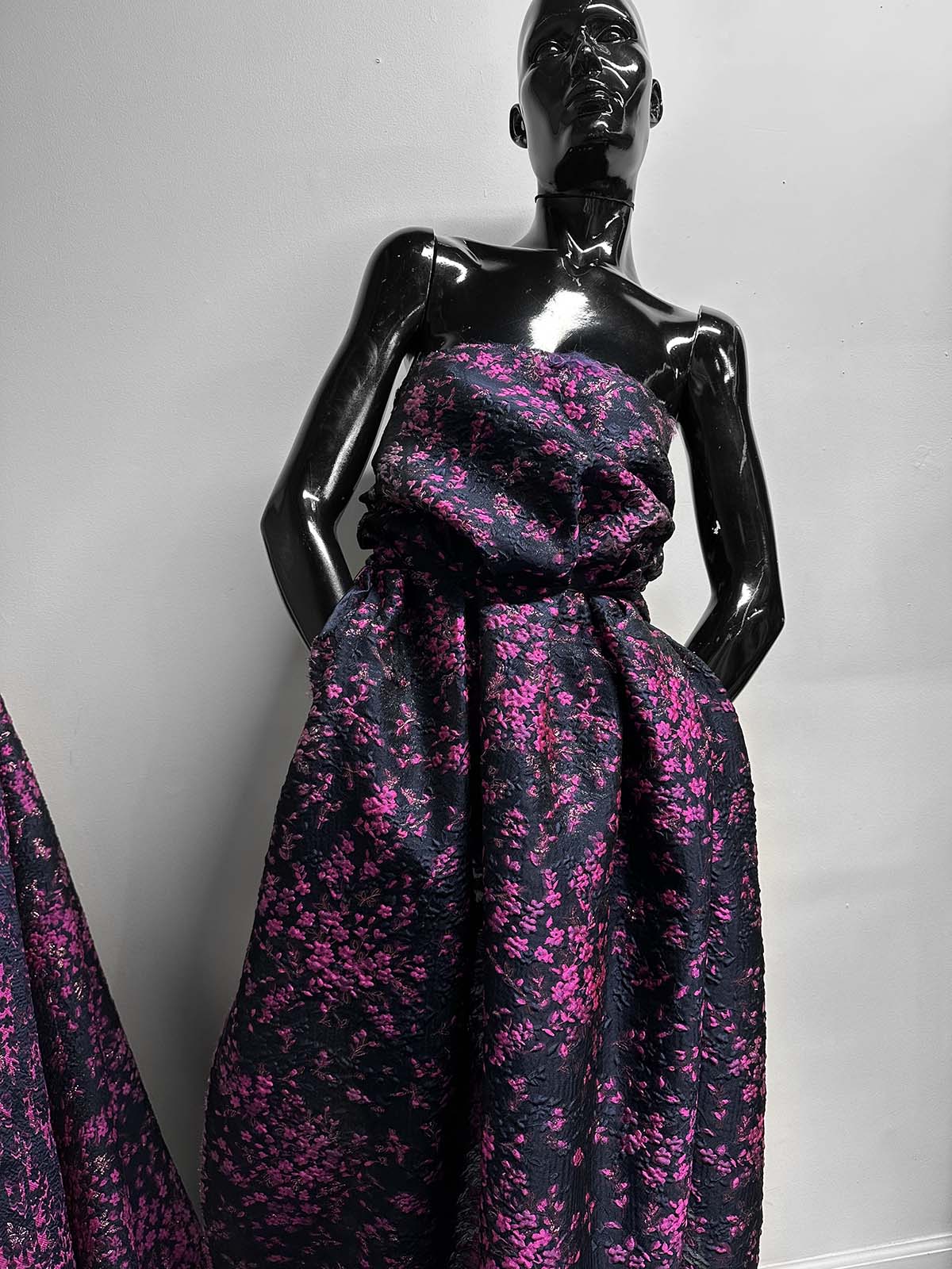 Goutarel France Floral Light Brocade Silk Magenta Navy - L'Etoffe Fabrics LLC