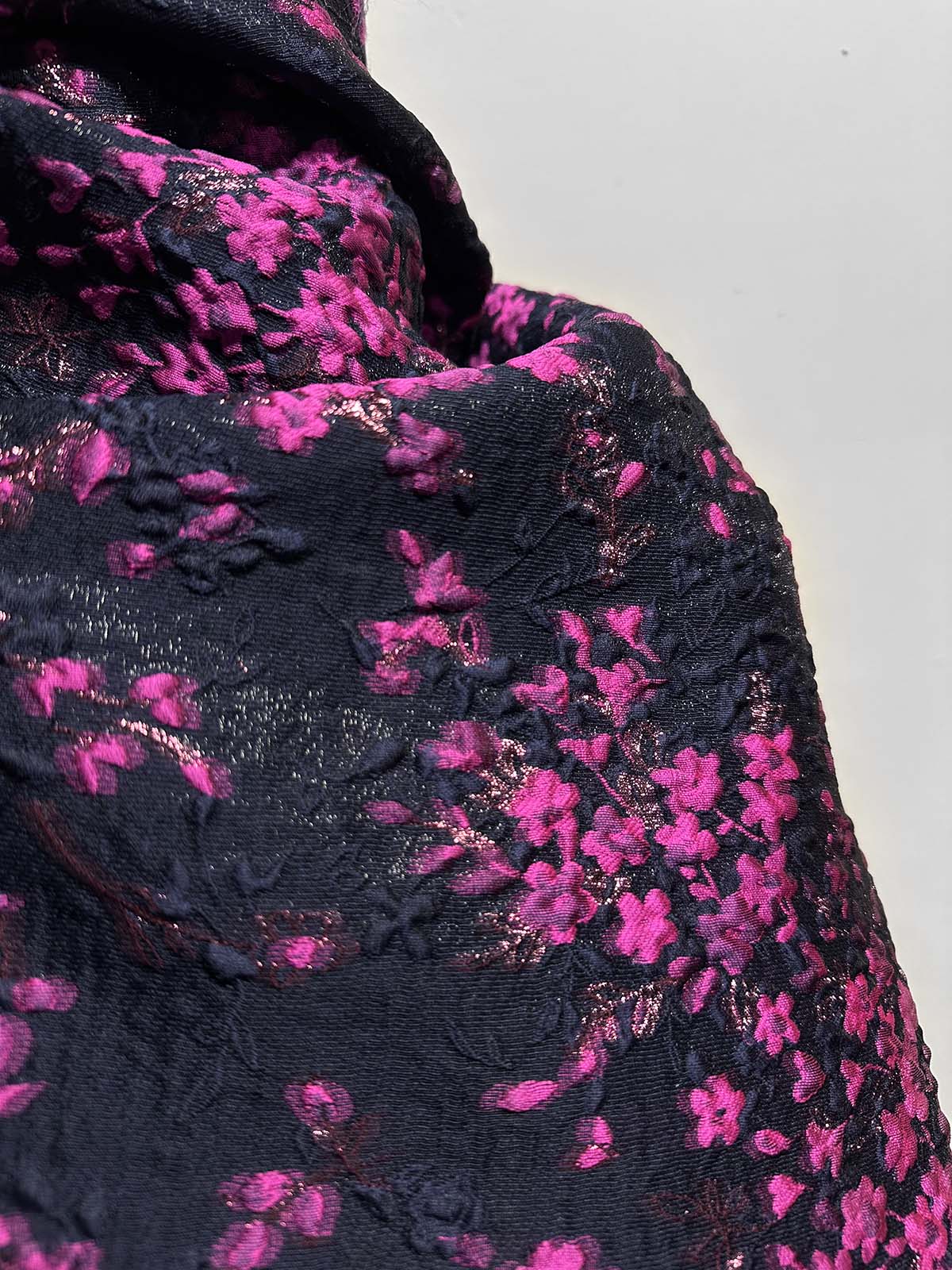 Goutarel France Floral Light Brocade Silk Magenta Navy - L'Etoffe Fabrics LLC