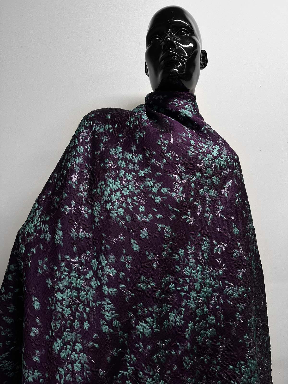 Goutarel France Floral Silk Brocade Eggplant Aqua - L'Etoffe Fabrics LLC