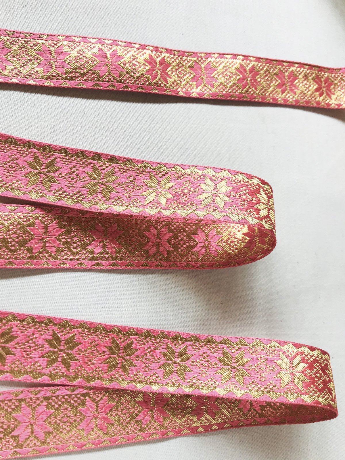 Hot Pink Gold Snowflake Vintage Ribbon - L'Etoffe Fabrics LLC