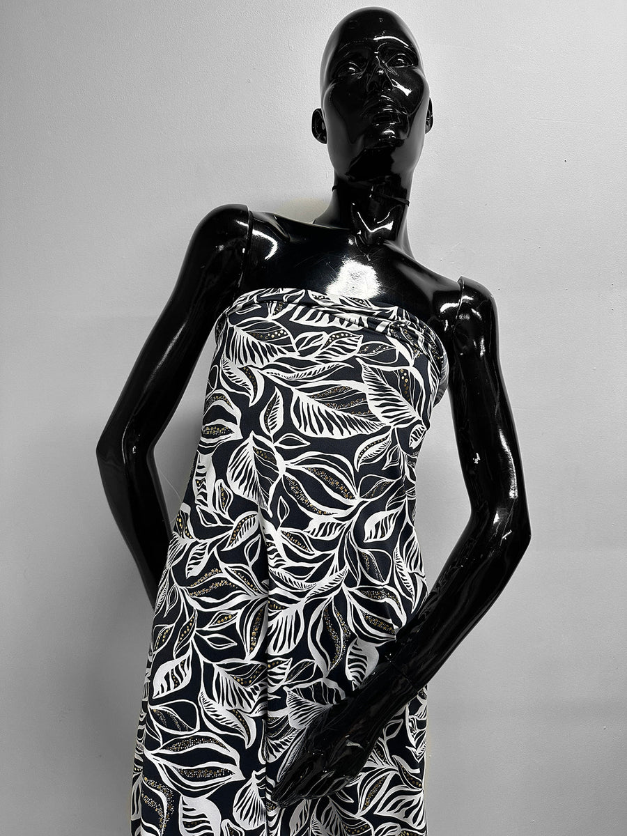 Italian B/W Floral With Gold Bling Swim Suit Fabric - L'Etoffe Fabrics LLC