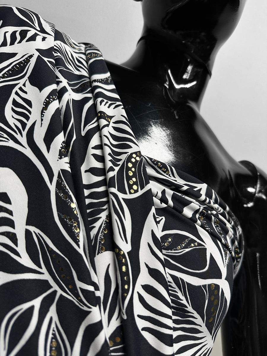 Italian B/W Floral With Gold Bling Swim Suit Fabric - L'Etoffe Fabrics LLC