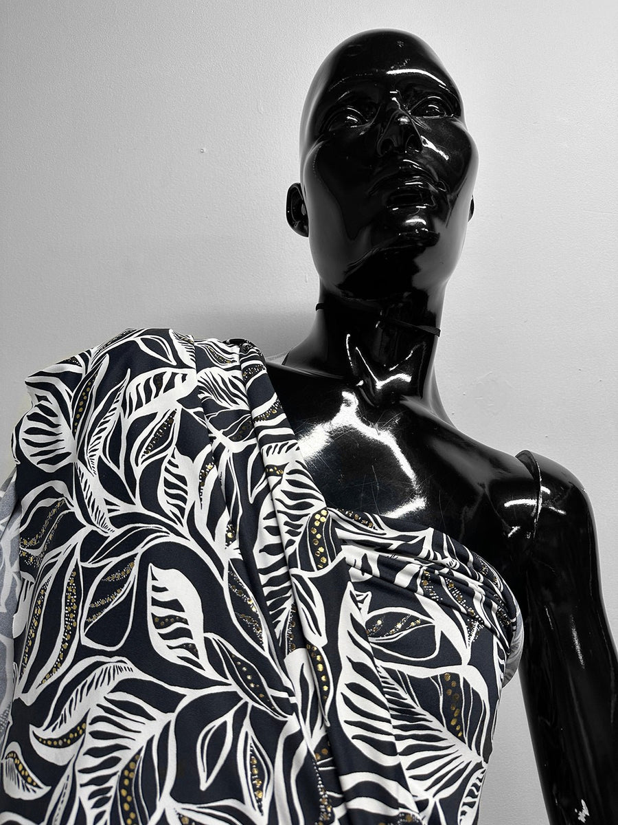 Italian B/W Floral With Gold Bling Swim Suit Fabric - L'Etoffe Fabrics LLC