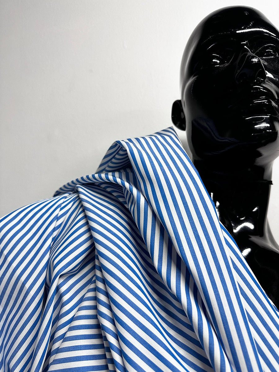 Italian Coast Albini Canclini Blue Striped Cotton Shirting - L'Etoffe Fabrics LLC