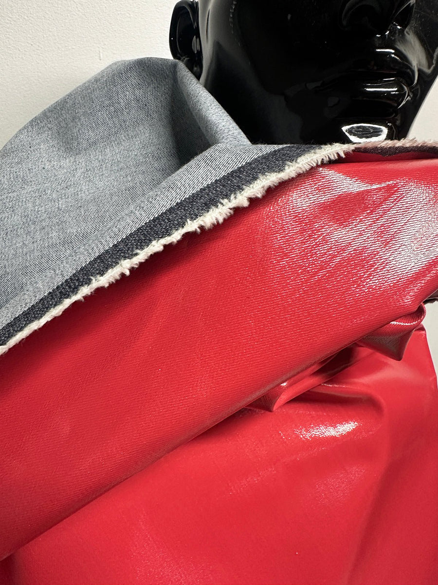 Italian Glossy Stretch Designer Denim - Lipstick Pinky Red - L'Etoffe Fabrics LLC