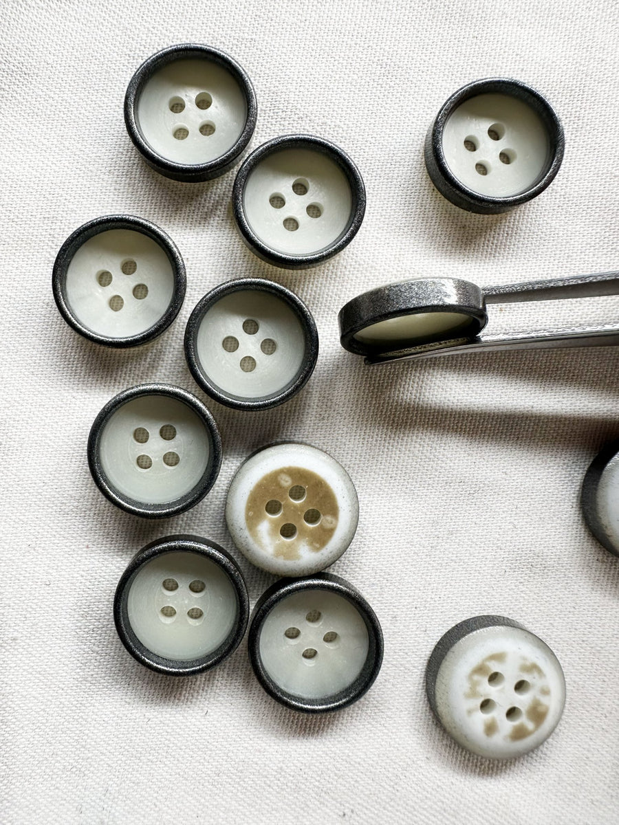 Italian Ivory Gunmetal Rimmed Shirts Buttons - L'Etoffe Fabrics LLC