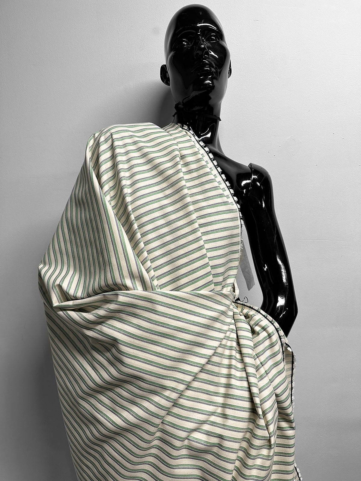 Italian Natural Cotton Twill Stripe Shirting Green/Navy - L'Etoffe Fabrics LLC