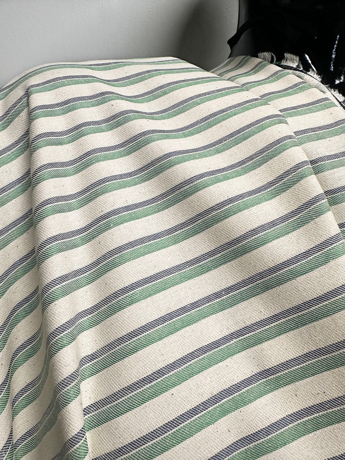 Italian Natural Cotton Twill Stripe Shirting Green/Navy - L'Etoffe Fabrics LLC