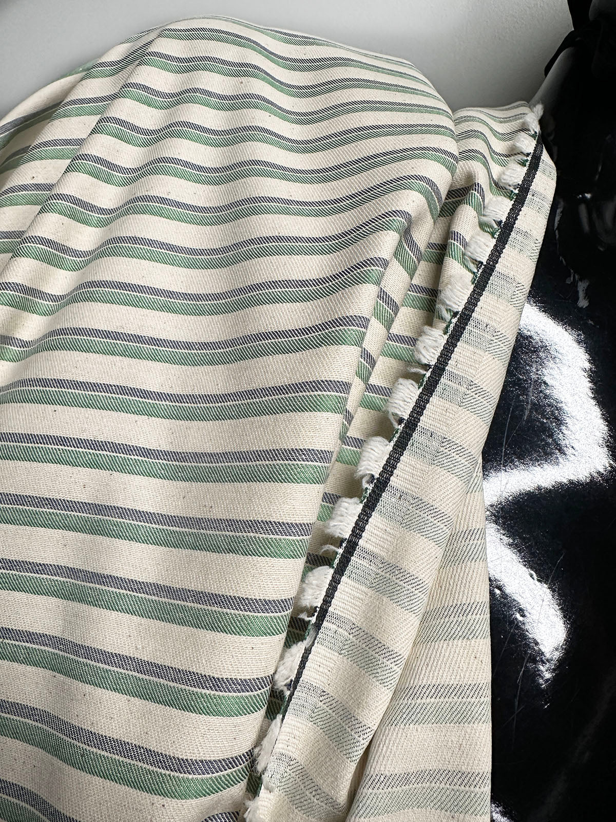 Italian Natural Cotton Twill Stripe Shirting Green/Navy - L'Etoffe Fabrics LLC
