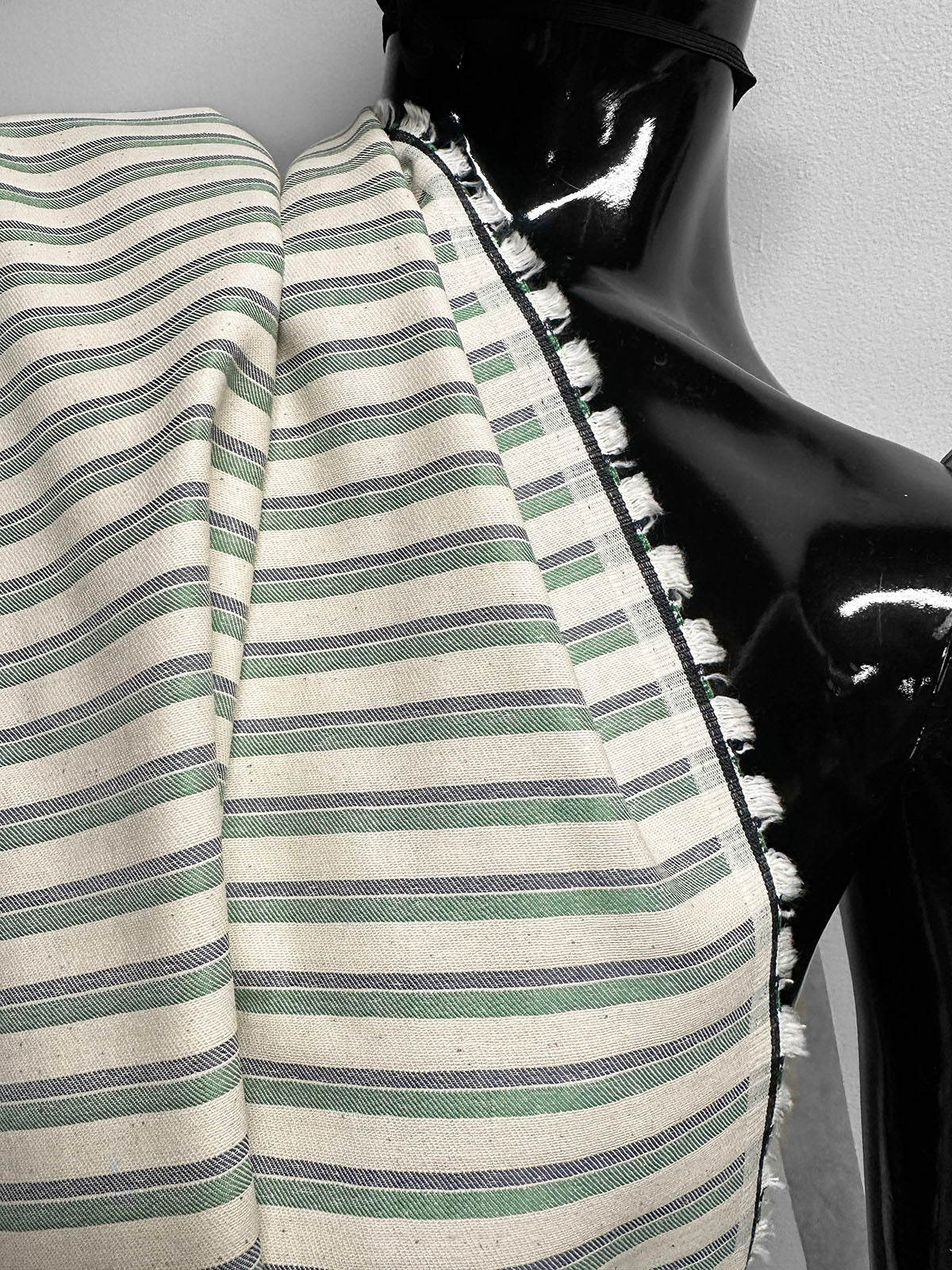 Italian Natural Cotton Twill Stripe Shirting Green/Navy - L'Etoffe Fabrics LLC