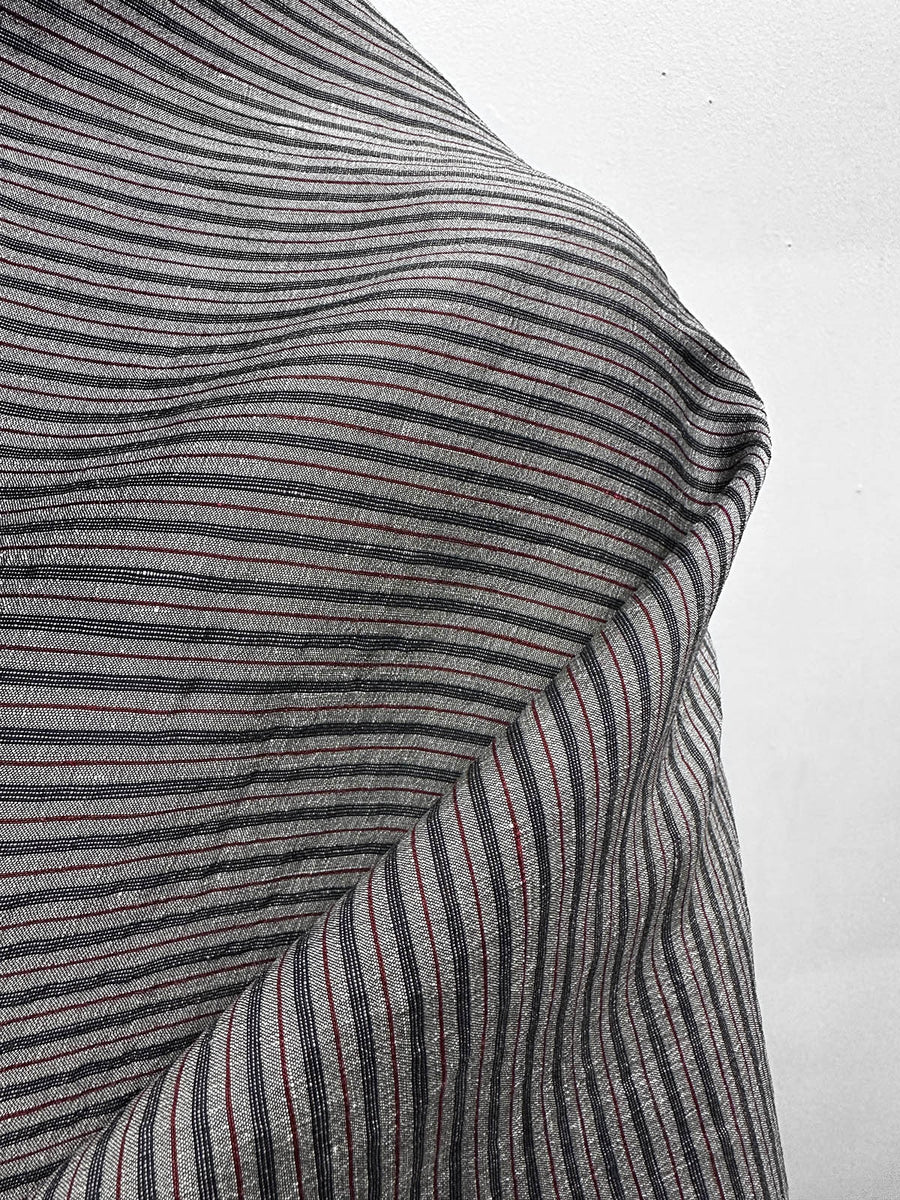 Italian Premium Silk Linen Stripe with Crimson - L'Etoffe Fabrics LLC