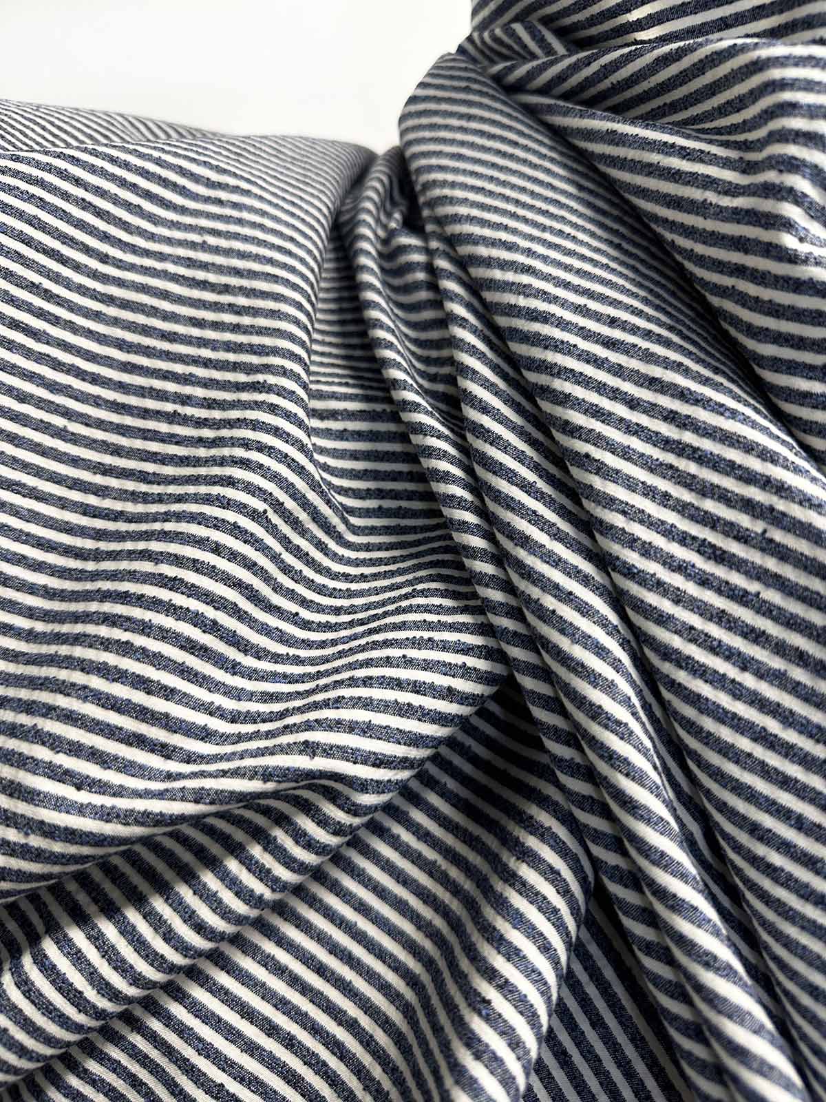 Italian Railroad Bouclé Navy Striped Cotton - L'Etoffe Fabrics LLC