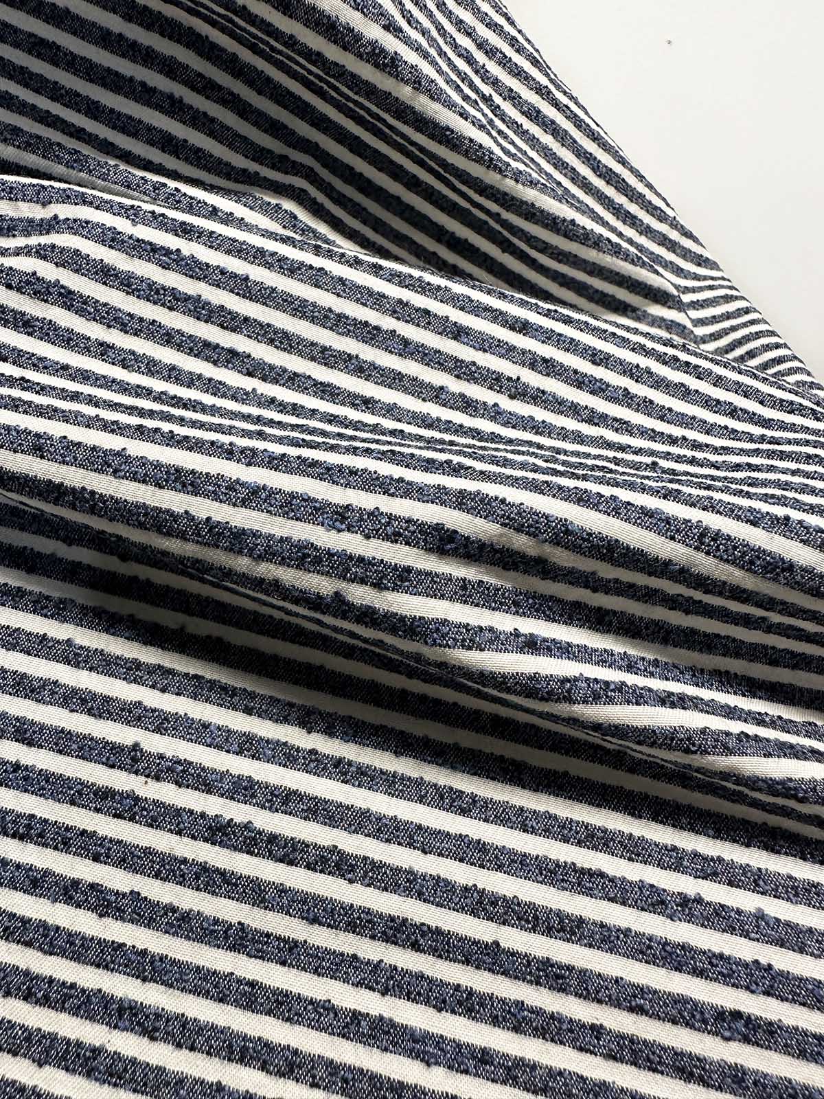 Italian Railroad Bouclé Navy Striped Cotton - L'Etoffe Fabrics LLC