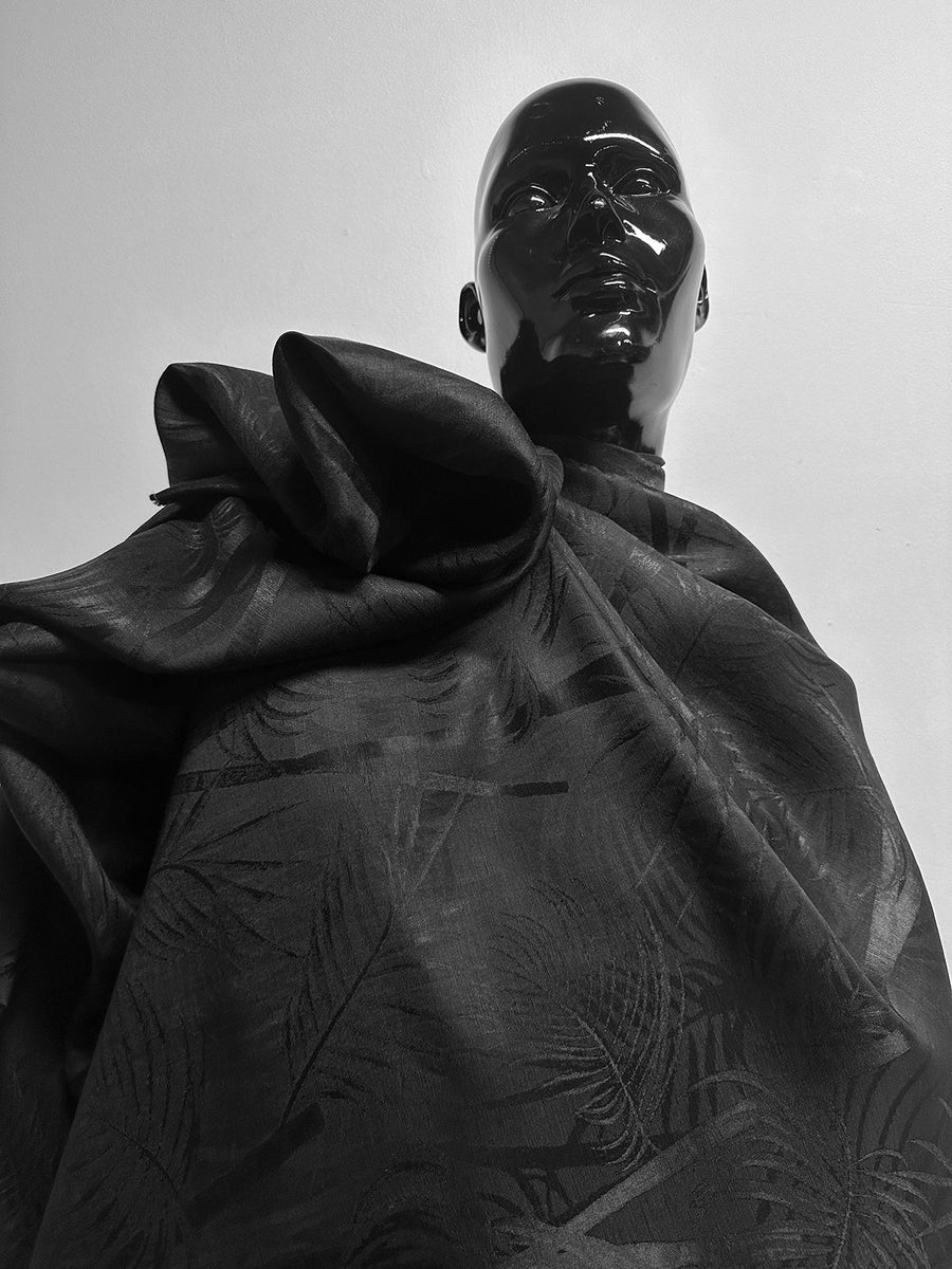 Italian Silk Linen Satin Jacquard Palm Leaf Black - L'Etoffe Fabrics LLC