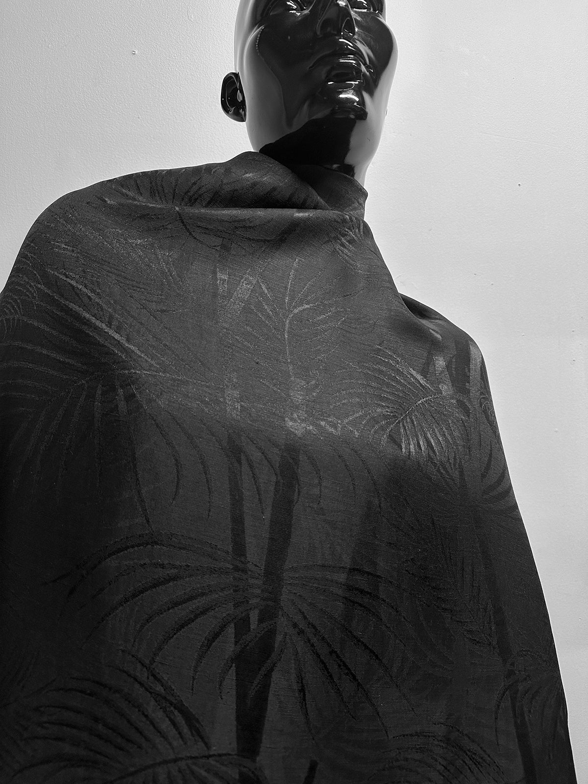 Italian Silk Linen Satin Jacquard Palm Leaf Black - L'Etoffe Fabrics LLC