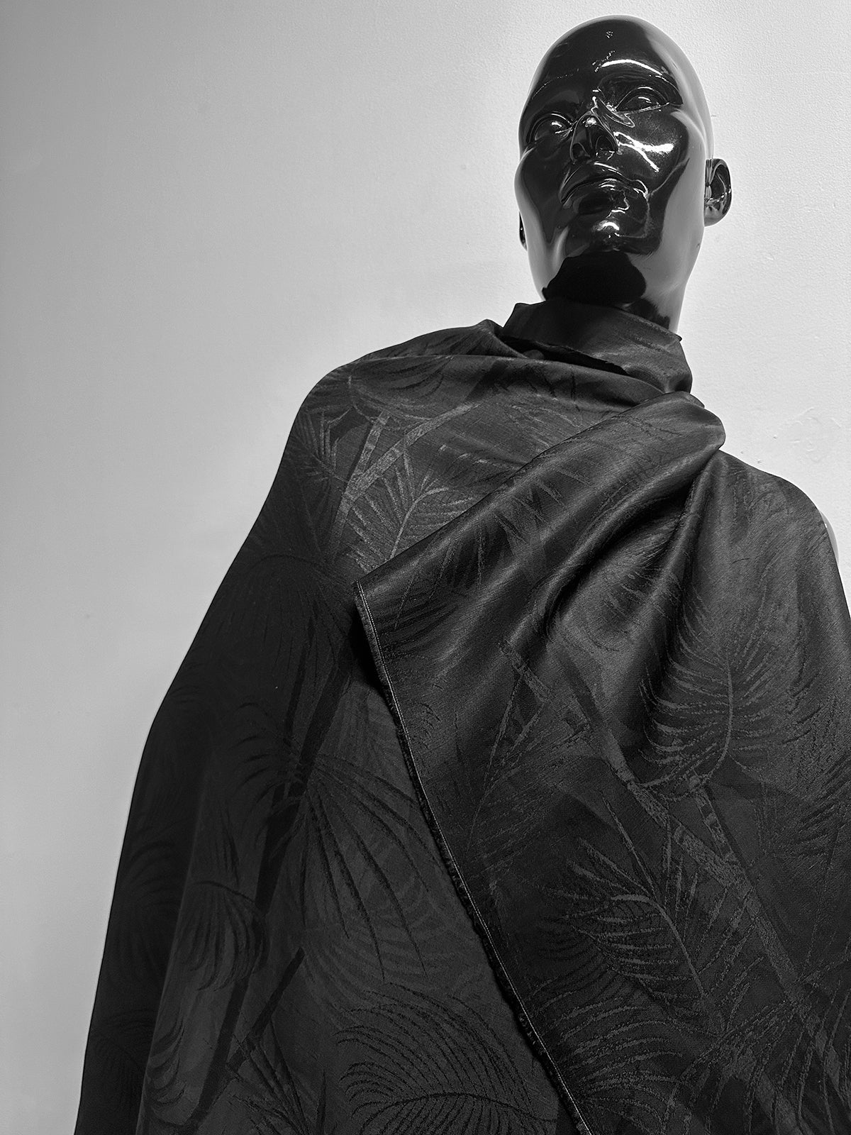 Italian Silk Linen Satin Jacquard Palm Leaf Black - L'Etoffe Fabrics LLC