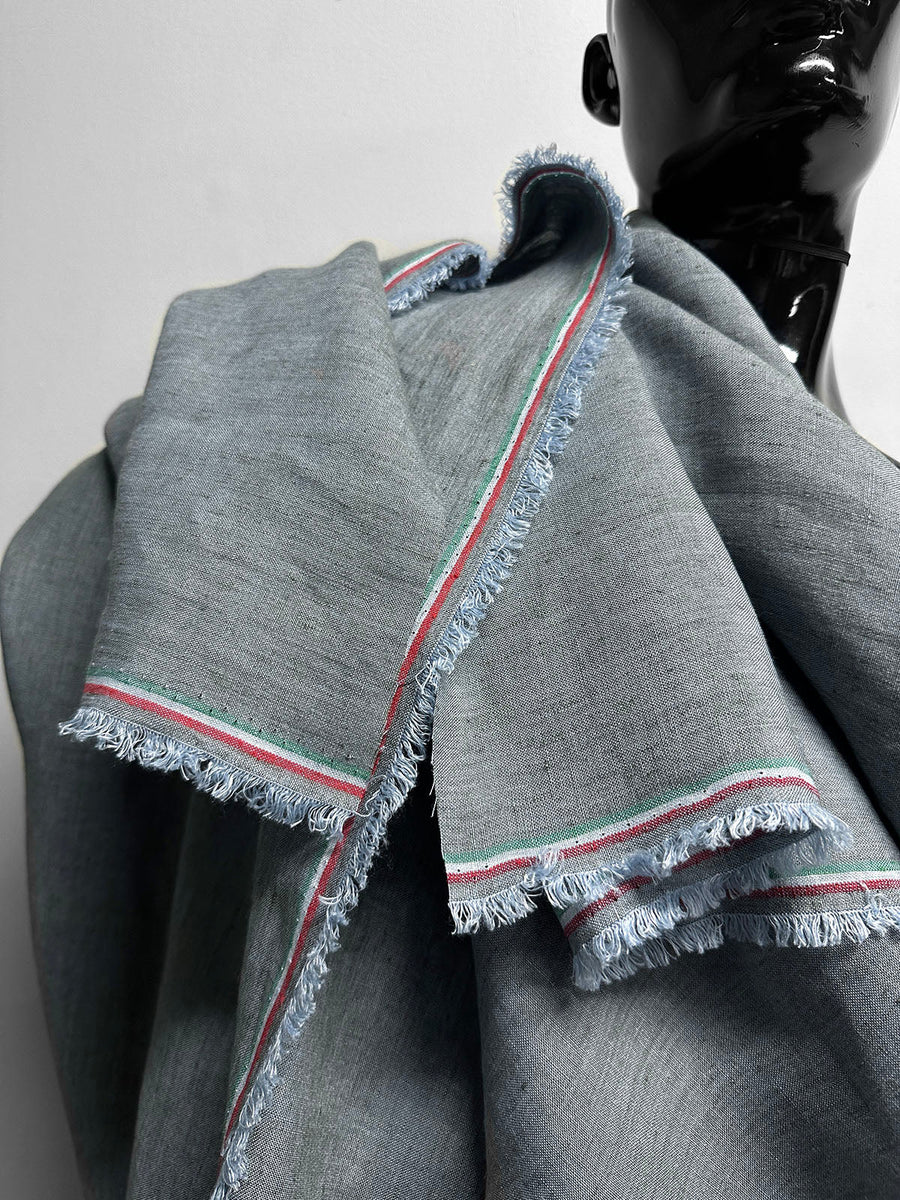 Italian Two Tone Light Blue Olive Slub -Striped Selvedge - L'Etoffe Fabrics LLC