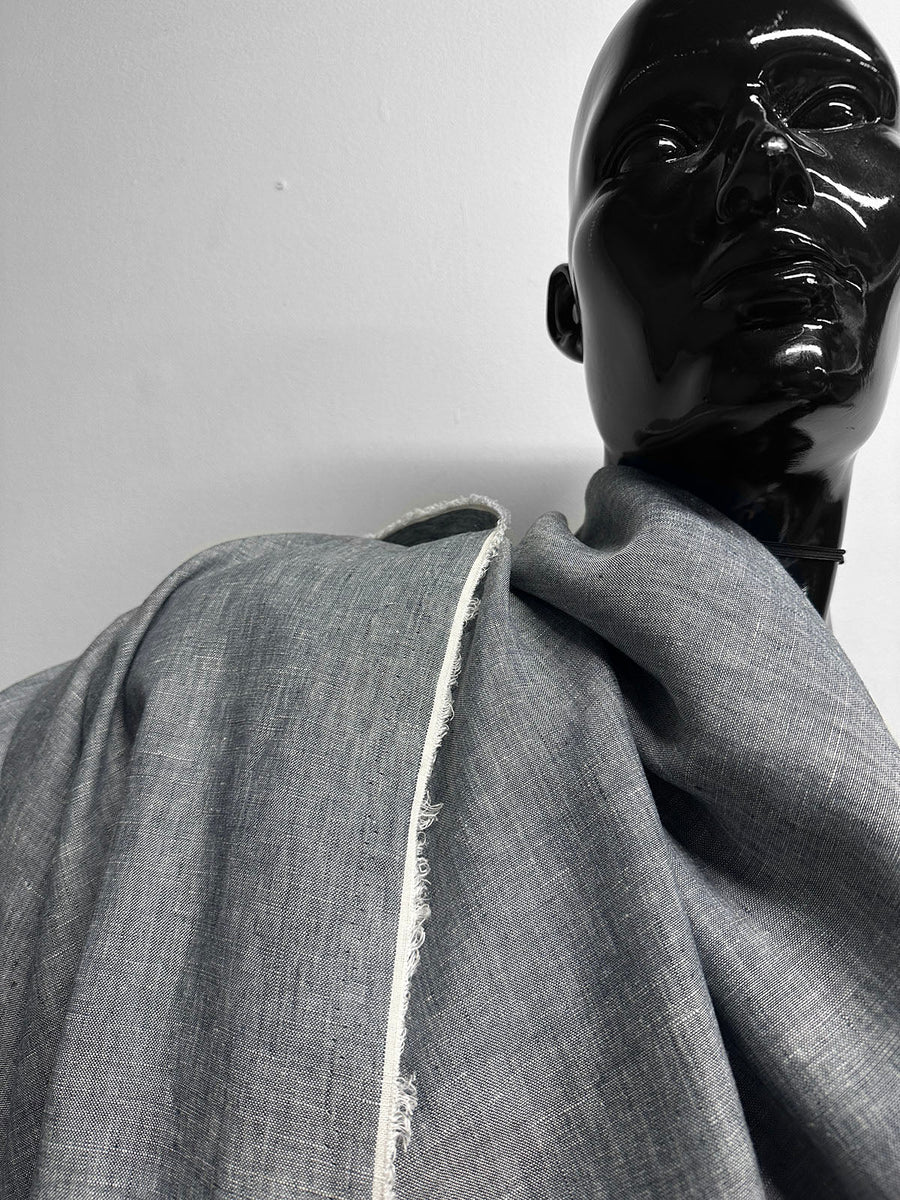 Italian Two Tone Natural Blue Grey Linen - L'Etoffe Fabrics LLC