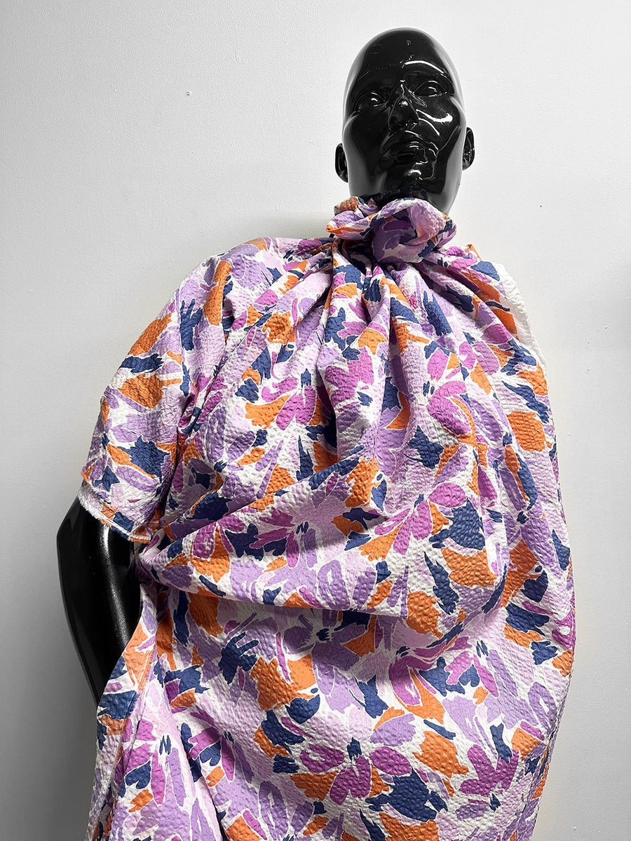 Japanese Cotton Seersucker Blue Rider Floral Lilac - L'Etoffe Fabrics LLC