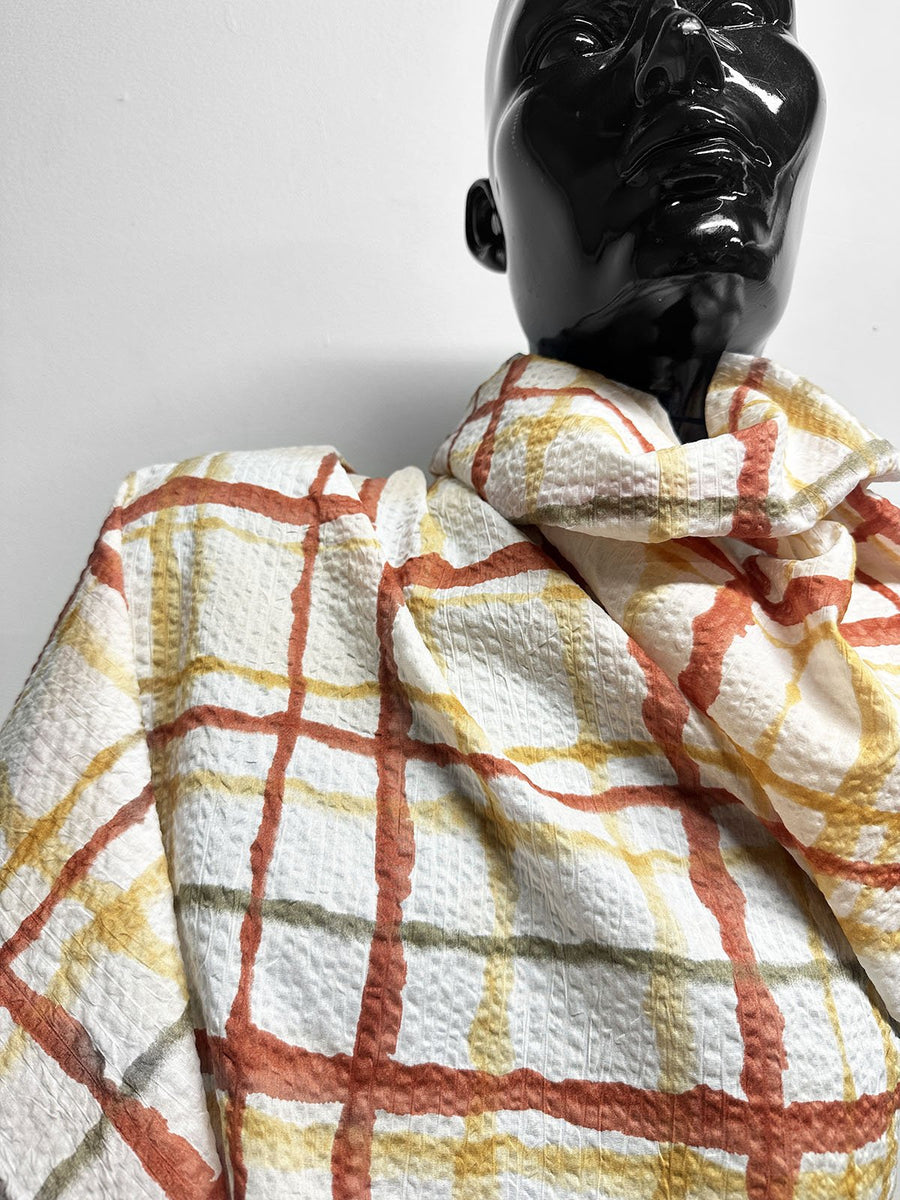 Japanese Cotton Seersucker Watercolor Window Pane Earth - L'Etoffe Fabrics LLC