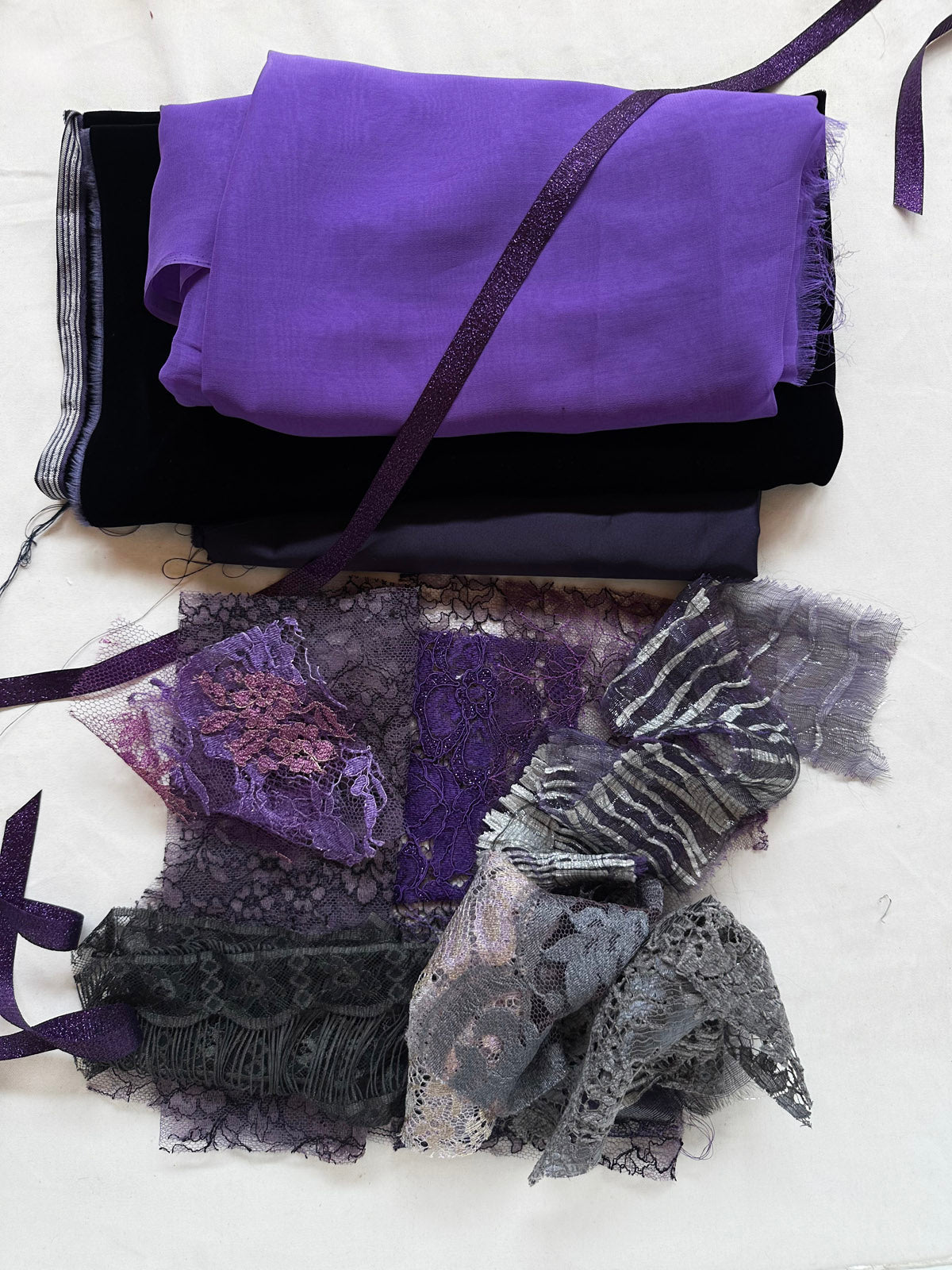 Jewel Box Bundle: Purple Silk Velvet Satin Lace Lamé Fabric - L'Etoffe Fabrics LLC