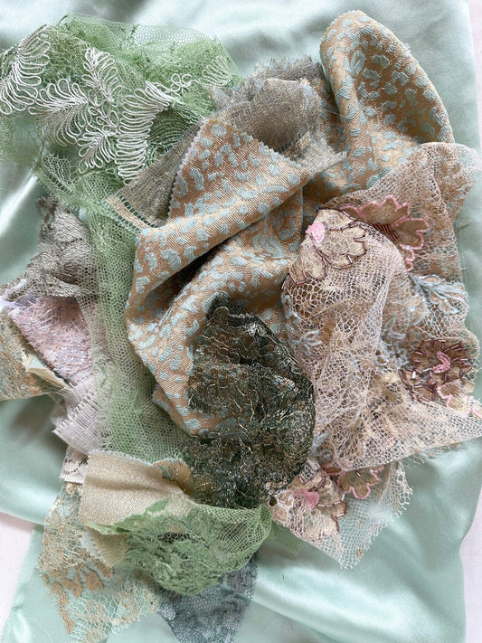 Jewel Box: Mint Silk Charmeuse Lace Scrap Bundle - L'Etoffe Fabrics LLC