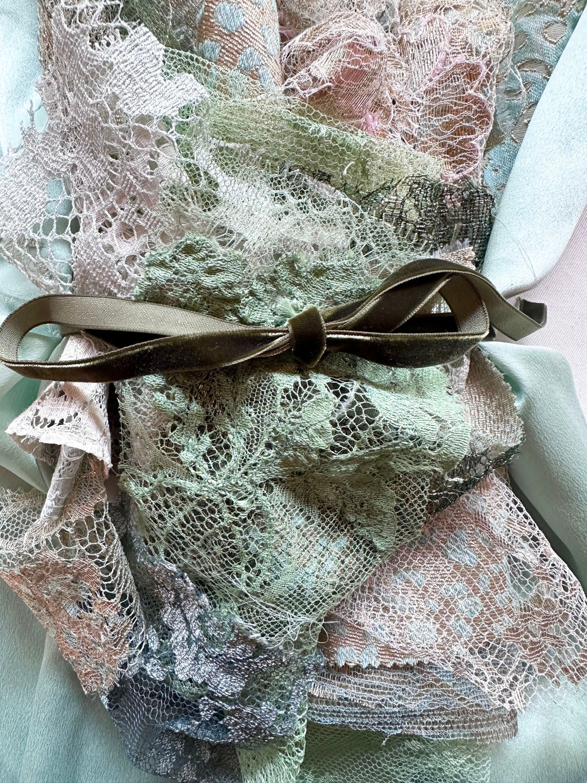 Jewel Box: Mint Silk Charmeuse Lace Scrap Bundle - L'Etoffe Fabrics LLC