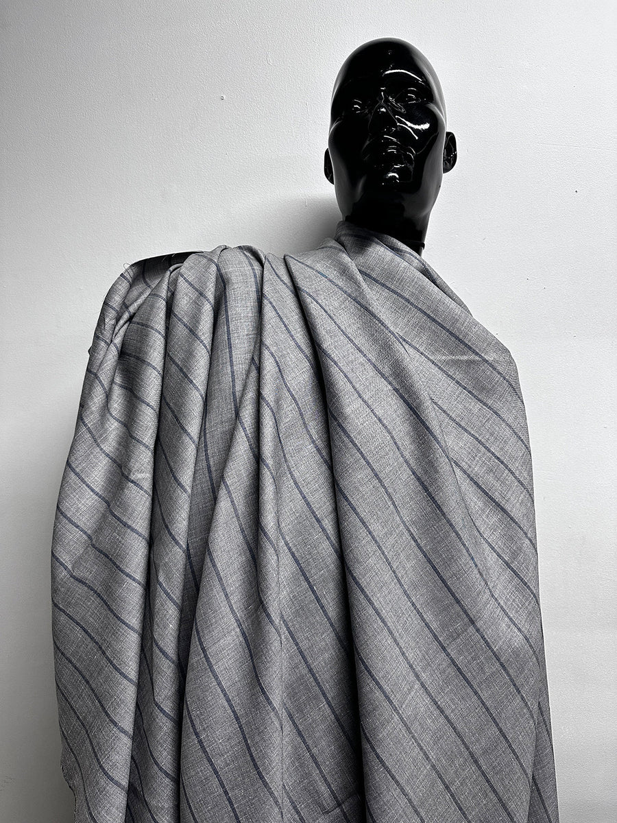 Luxury Italian Striped Shirting Gray Slub with a Chambray Navy Stripe - L'Etoffe Fabrics LLC