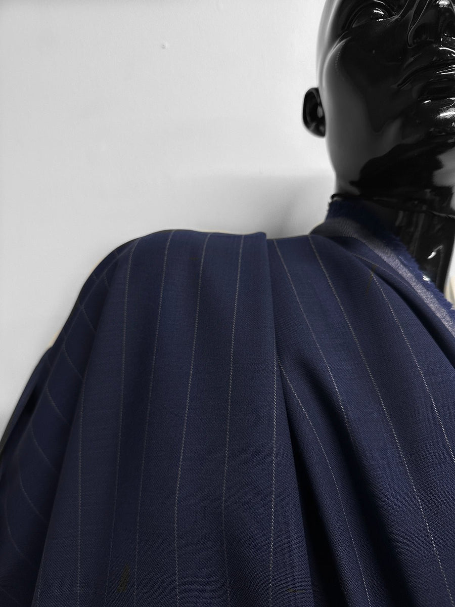 Marine Blue Summer Wool Pinstripe Suiting Fabric - 9 - L'Etoffe Fabrics LLC