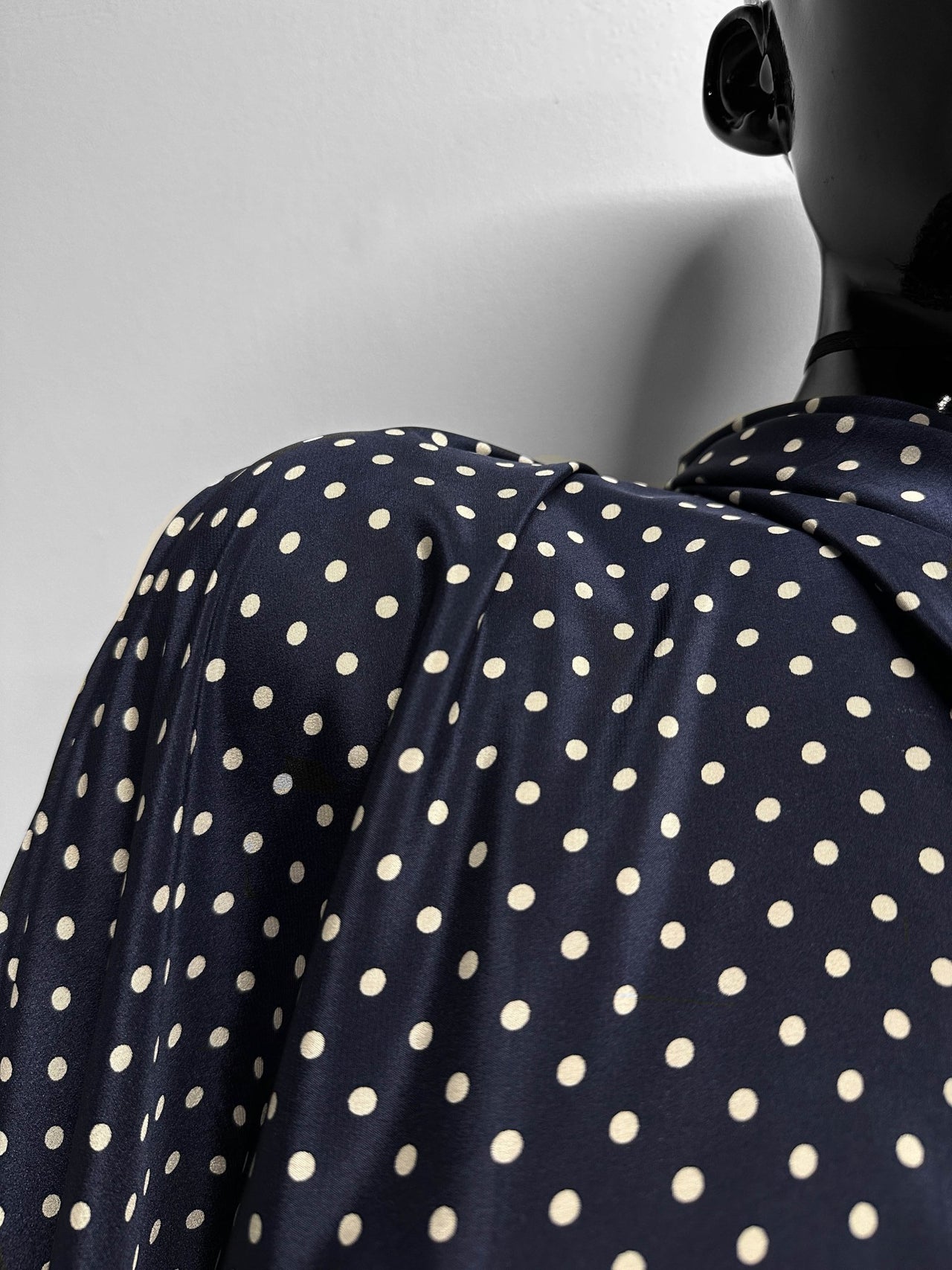Navy Polka Dot Silk Crepe De Chine - L'Etoffe Fabrics LLC
