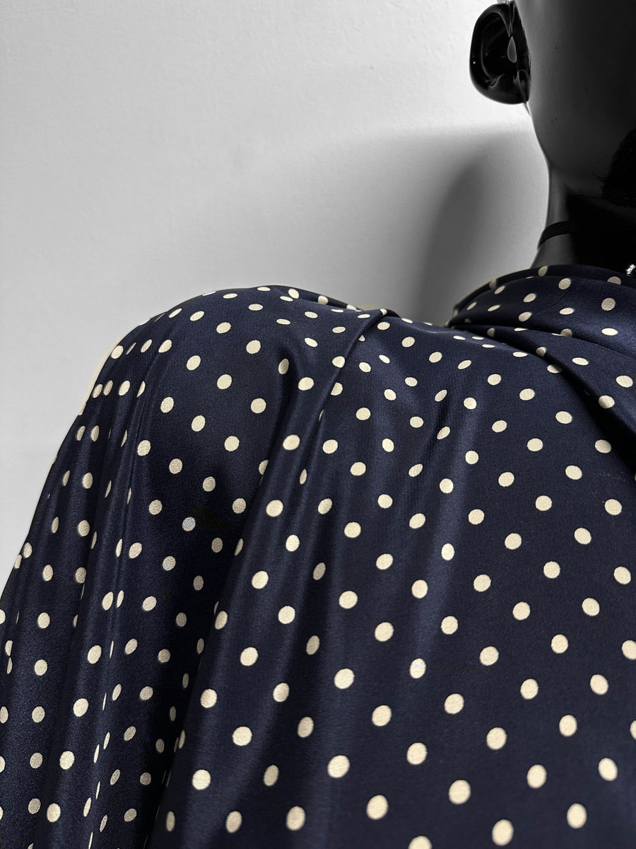 Navy Polka Dot Silk Crepe De Chine - L'Etoffe Fabrics LLC