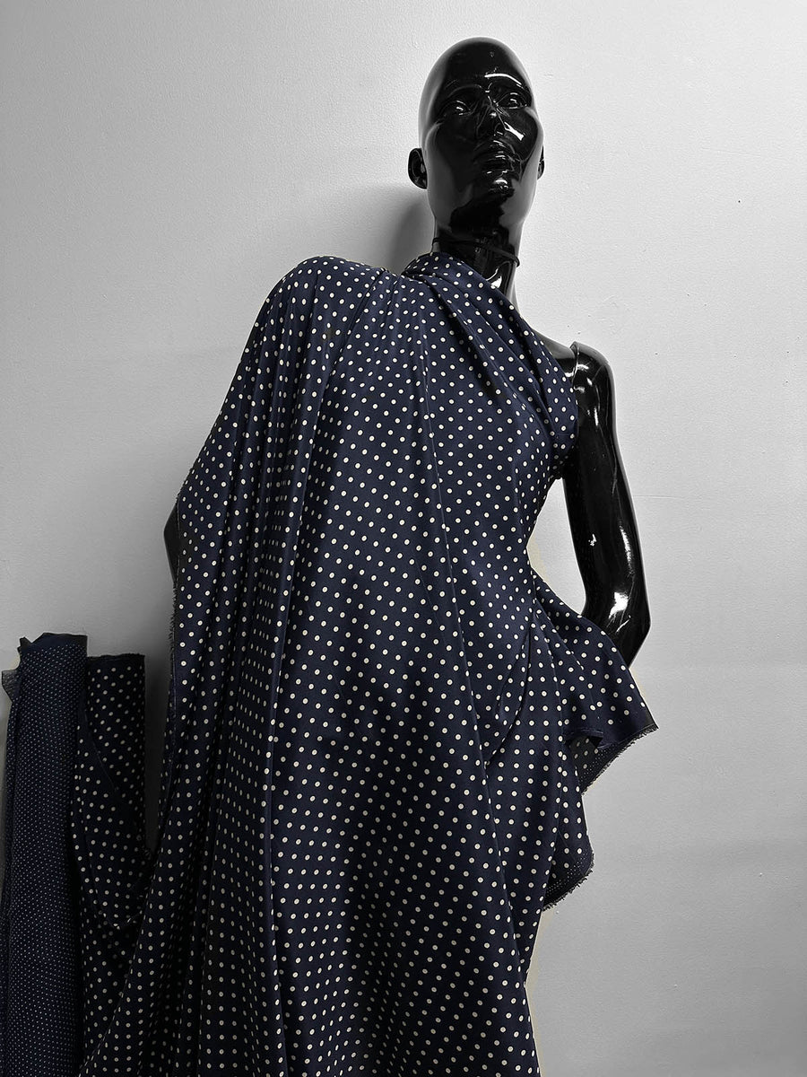 Navy Polka Dot Silk Crepe De Chine - L'Etoffe Fabrics LLC