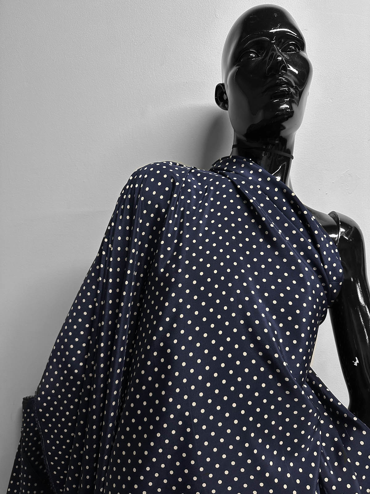 Navy Polka Dot Silk Crepe De Chine - L'Etoffe Fabrics LLC