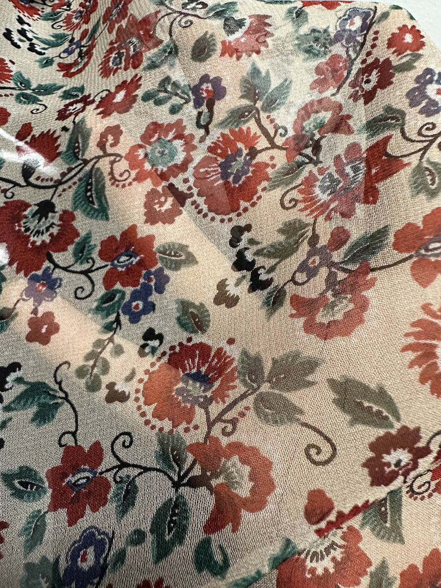 Silk Crepe Eastern Crimson Floral - L'Etoffe Fabrics LLC