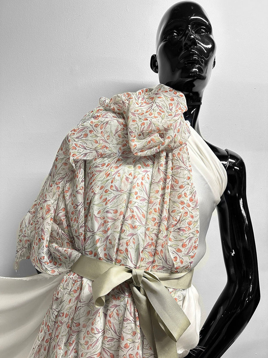 Silk Crepe Ivory Tulip Print Fabric - L'Etoffe Fabrics LLC