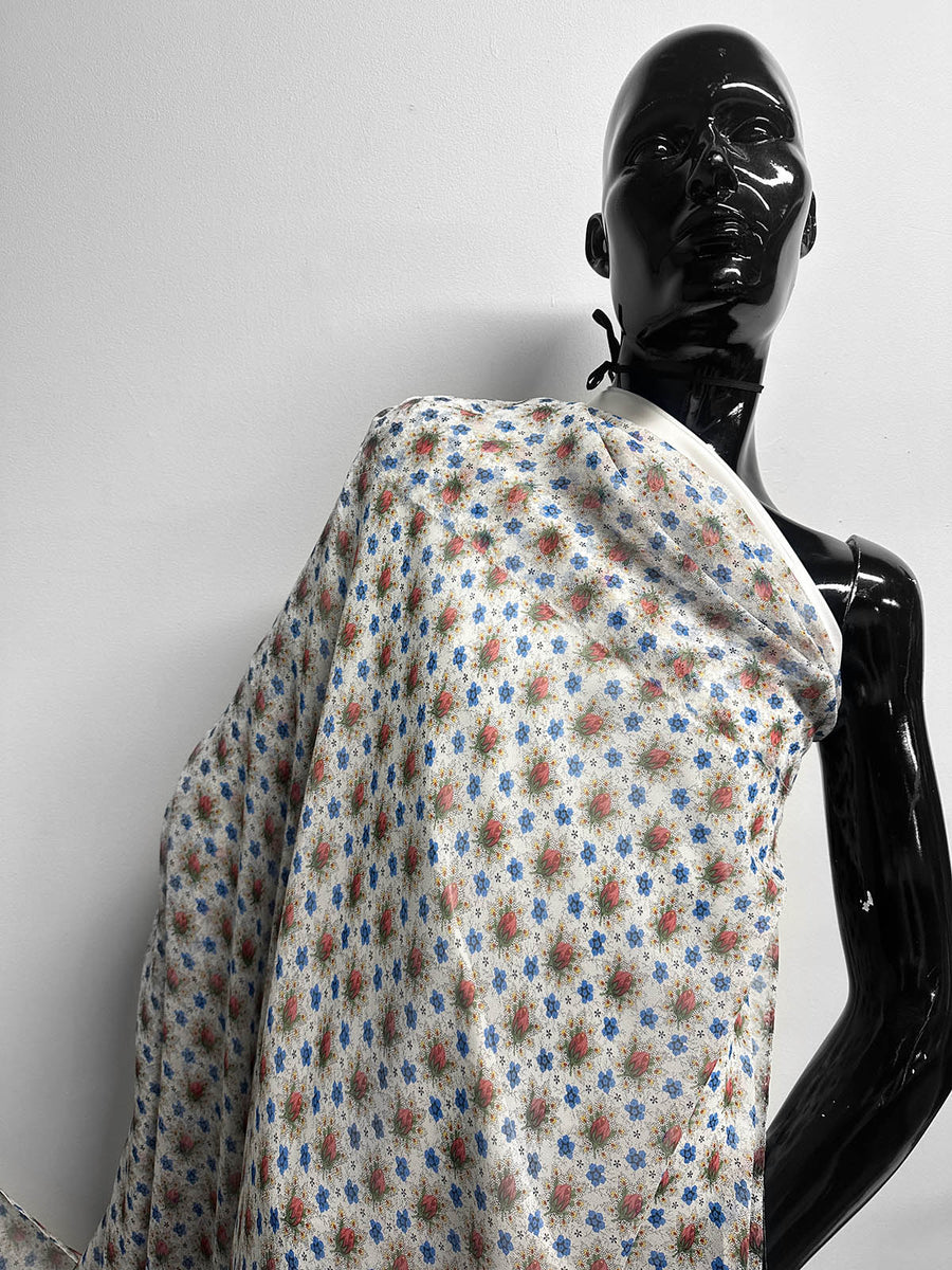 Silk Crepe Semi Sheer Rosebud Spray Print - L'Etoffe Fabrics LLC