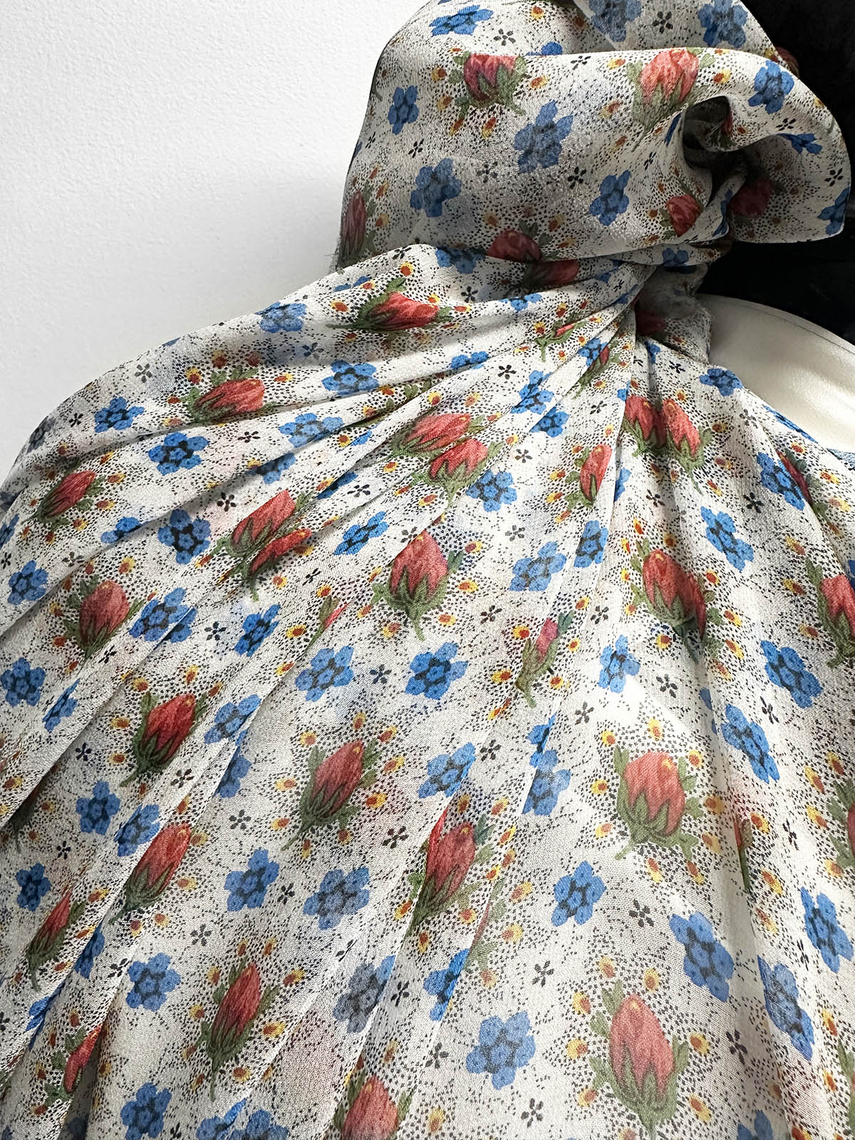 Silk Crepe Semi Sheer Rosebud Spray Print - L'Etoffe Fabrics LLC