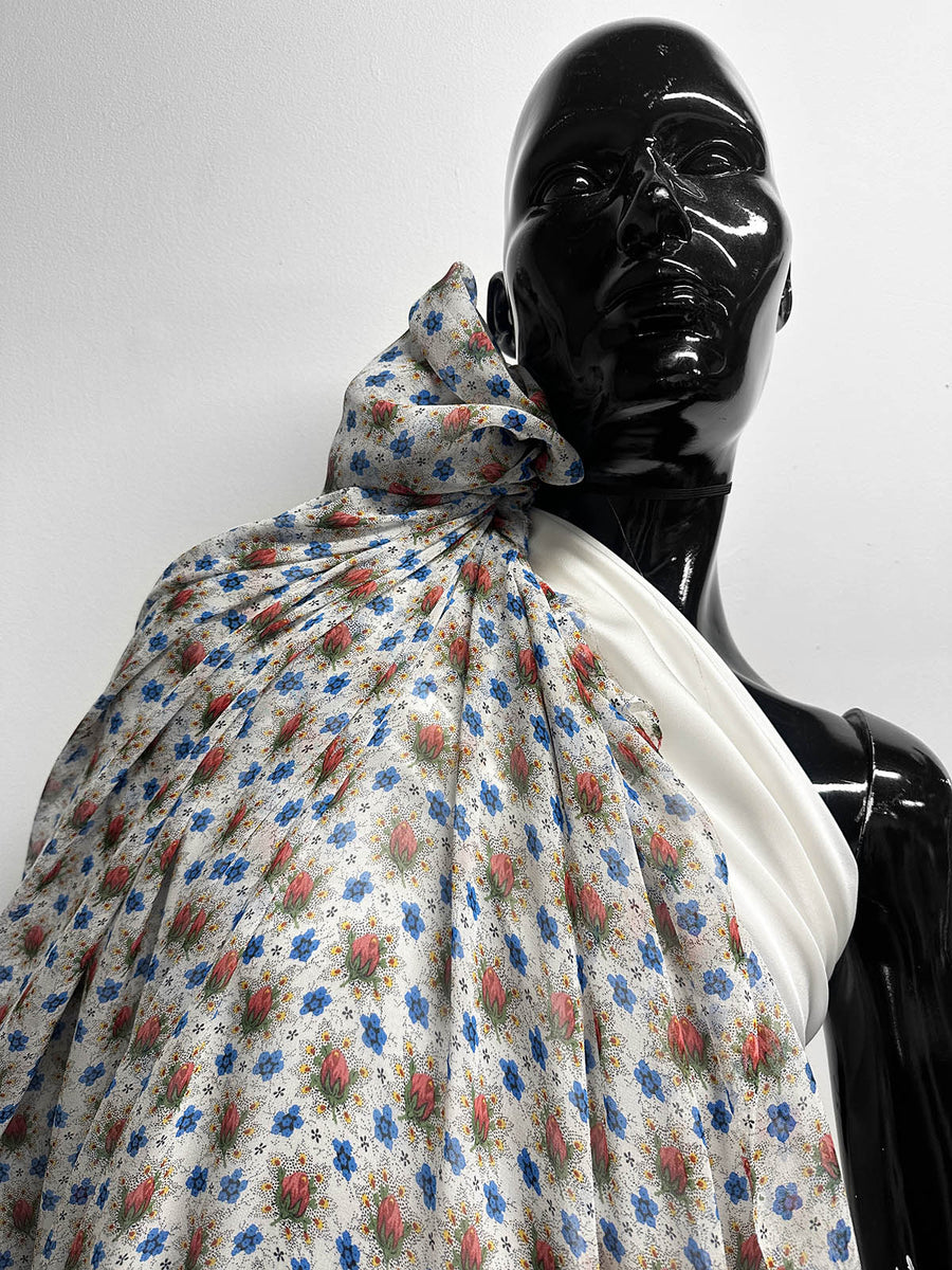 Silk Crepe Semi Sheer Rosebud Spray Print - L'Etoffe Fabrics LLC