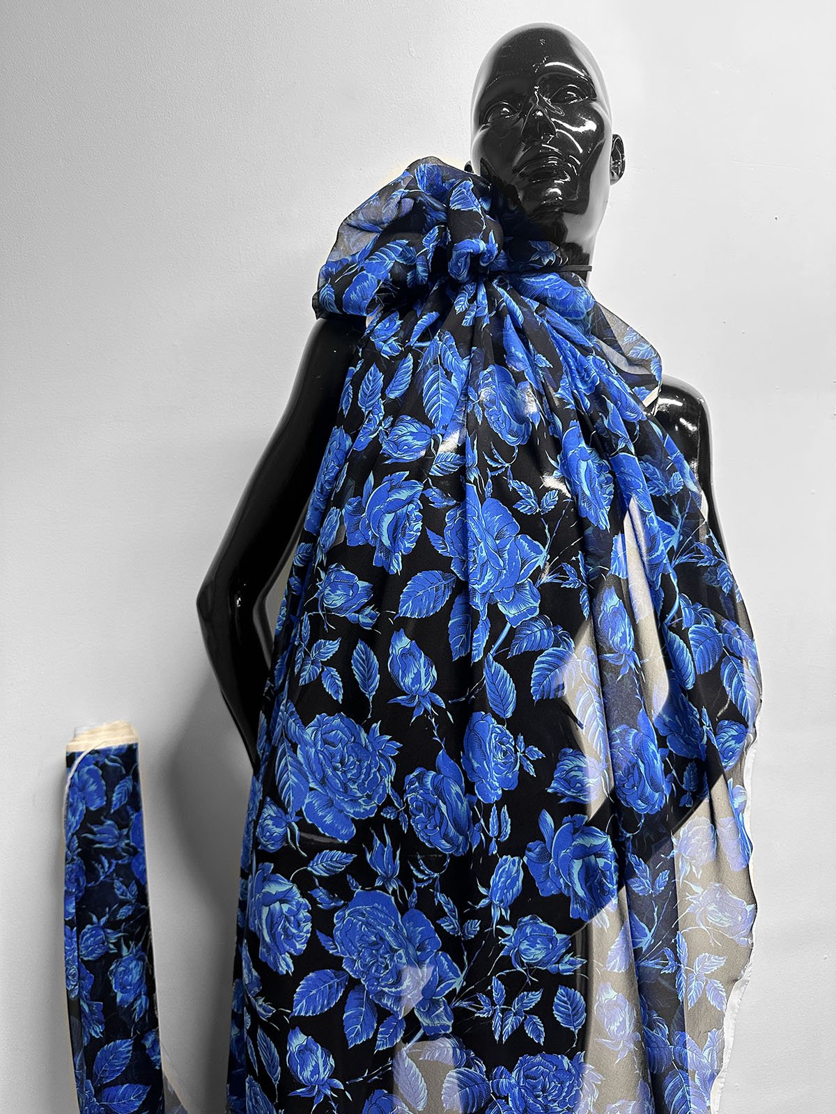 Silk Semi Sheer Cobalt Roses - L'Etoffe Fabrics LLC