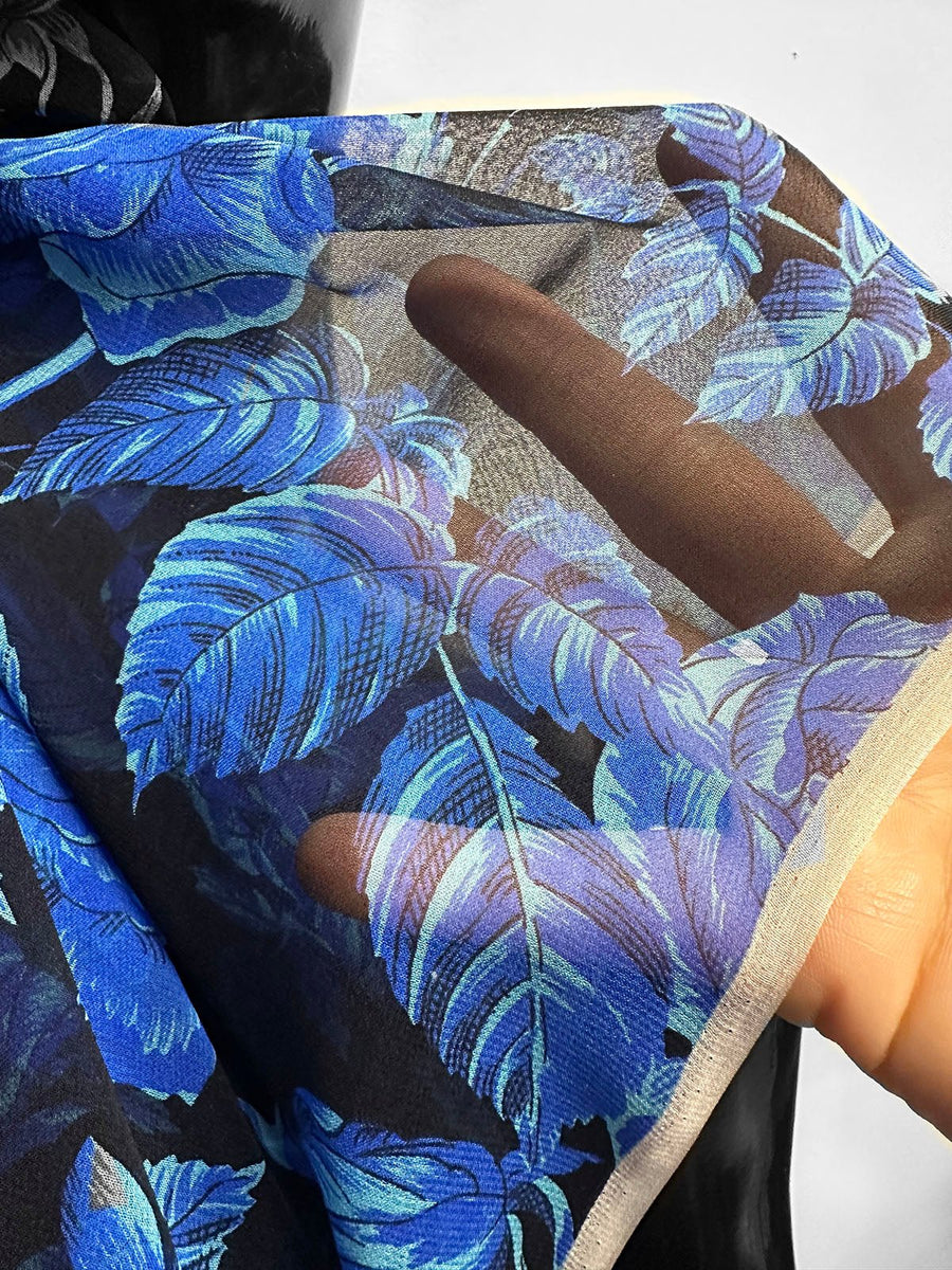 Silk Semi Sheer Cobalt Roses - L'Etoffe Fabrics LLC