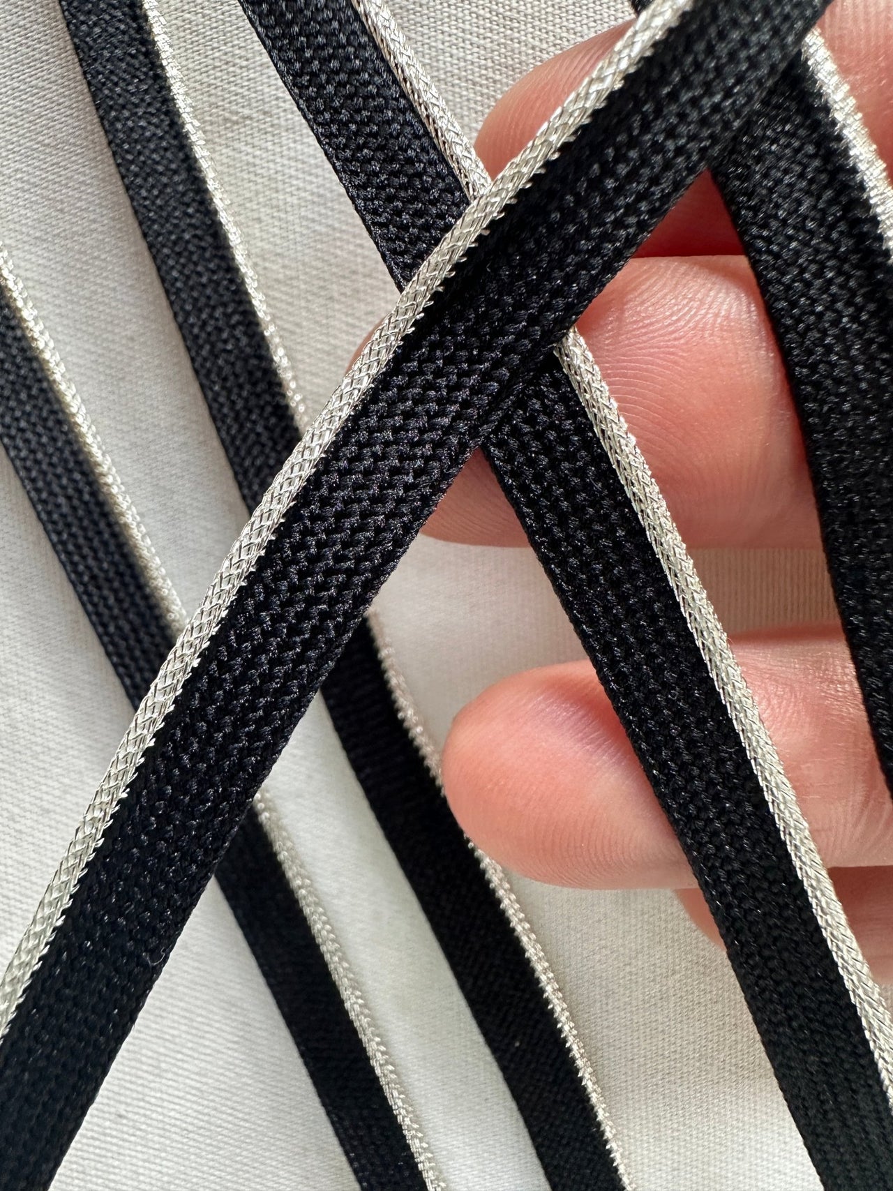 Silver Metallic with Black Piping - L'Etoffe Fabrics LLC