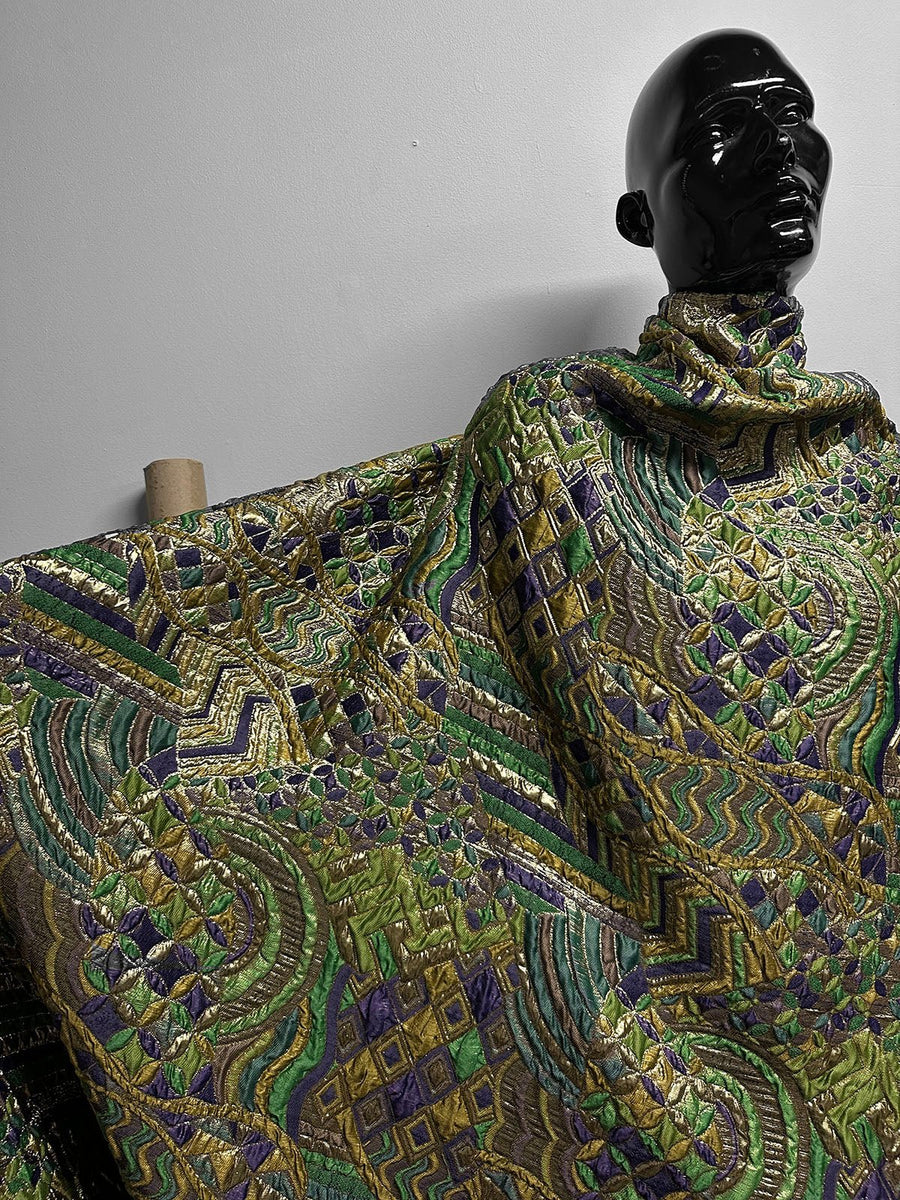 Sun Ra-ness Gold Quilted Jacquard - Green and Purple - L'Etoffe Fabrics LLC