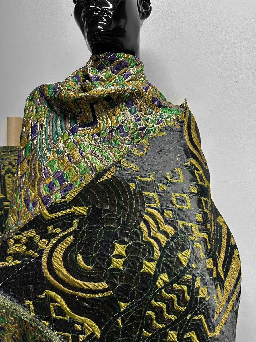 Sun Ra-ness Gold Quilted Jacquard - Green and Purple - L'Etoffe Fabrics LLC