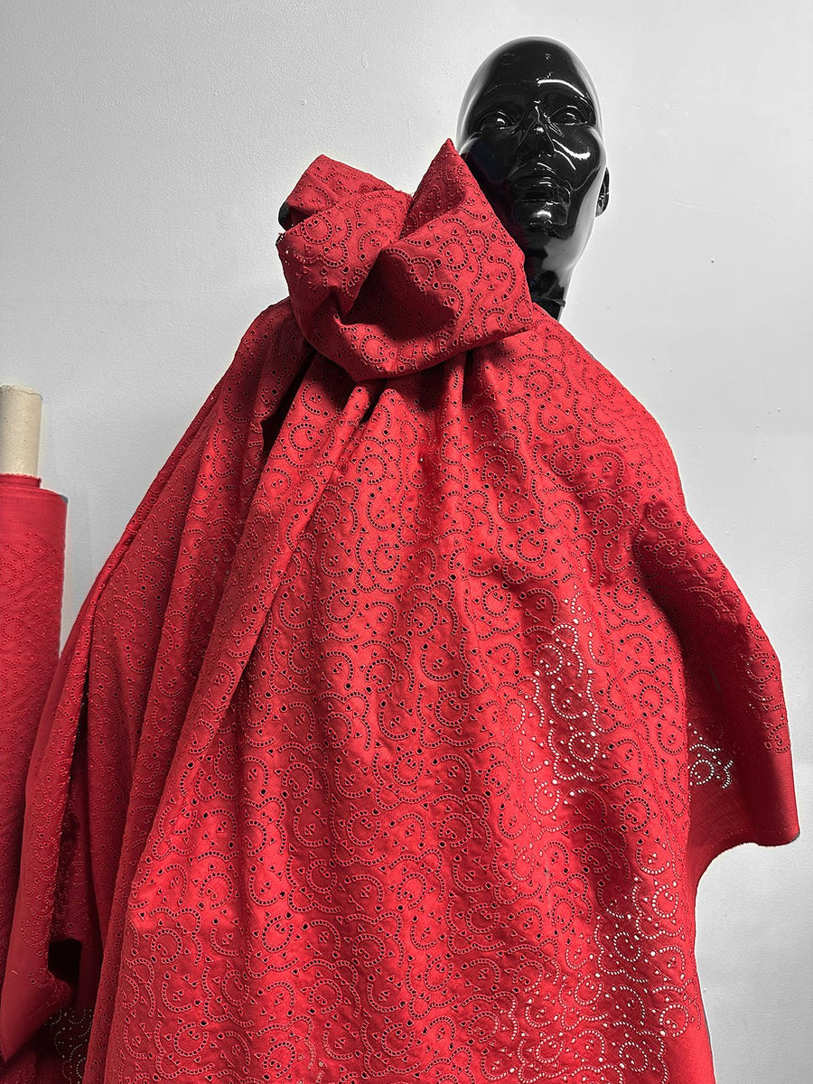 Top Designer Italian Embroidered Eyelet Linen - Red - L'Etoffe Fabrics LLC