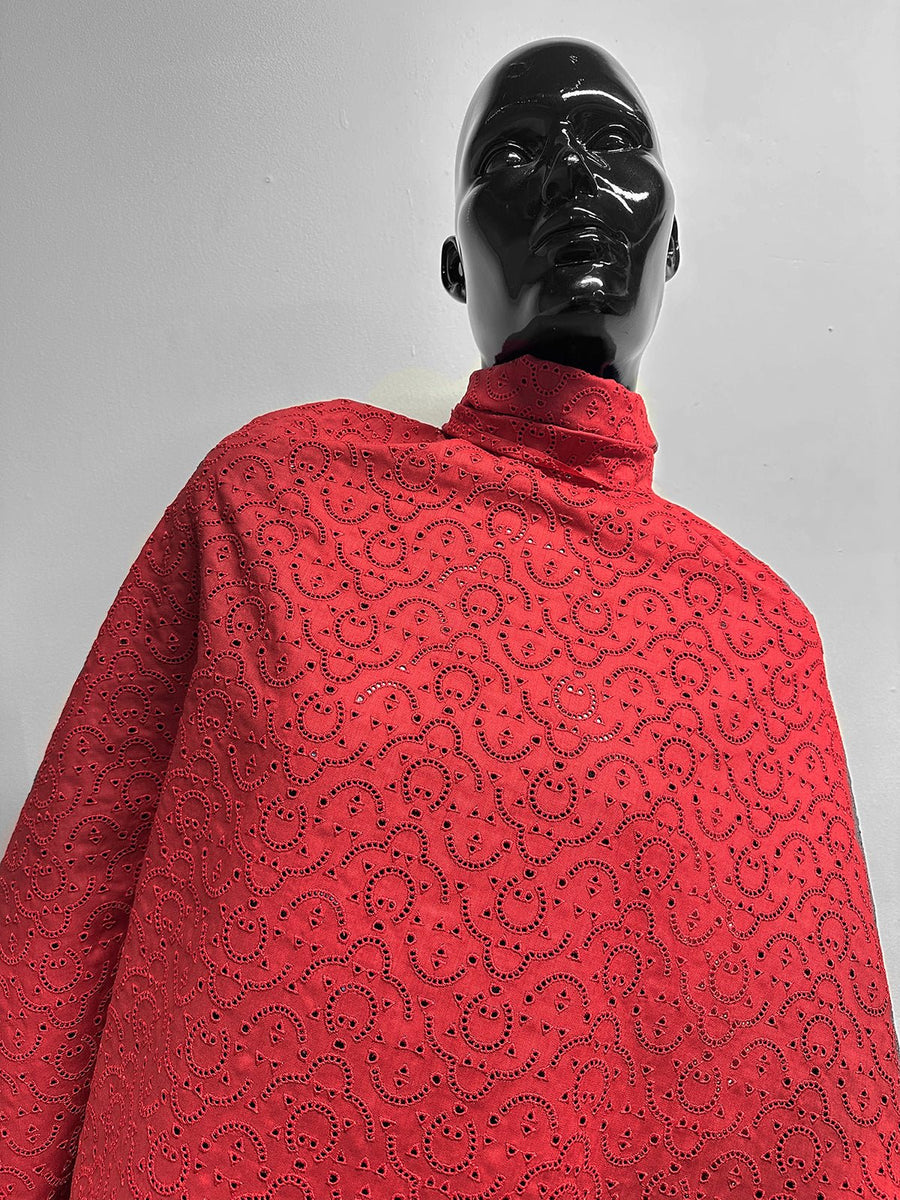 Top Designer Italian Embroidered Eyelet Linen - Red - L'Etoffe Fabrics LLC