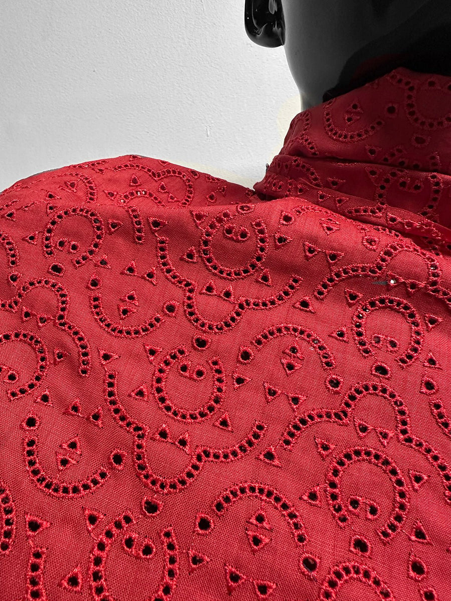 Top Designer Italian Embroidered Eyelet Linen - Red - L'Etoffe Fabrics LLC