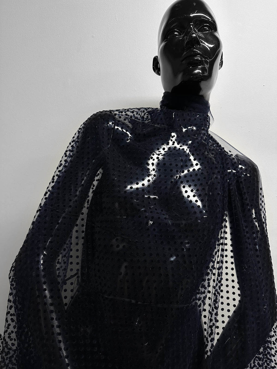 Velvet Black Polka Dot on Navy Tulle - L'Etoffe Fabrics LLC