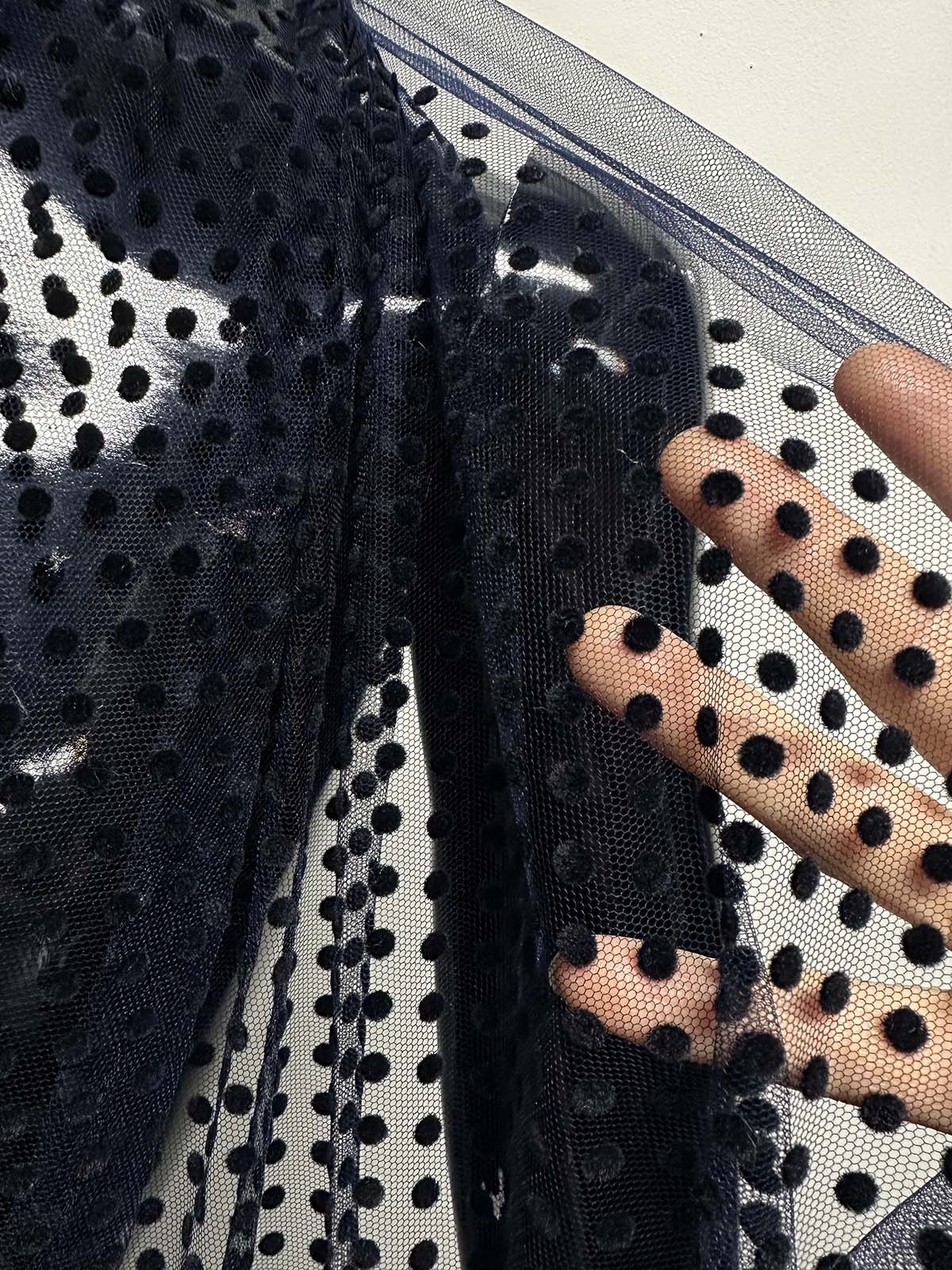 Velvet Black Polka Dot on Navy Tulle - L'Etoffe Fabrics LLC