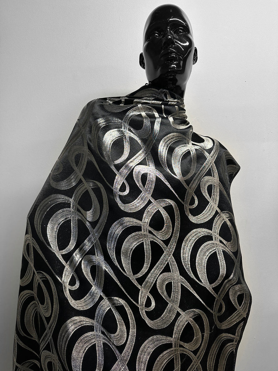 Vintage Black Satin Silver Ribbon Jacquard - L'Etoffe Fabrics LLC